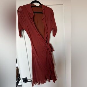 Elegant Long Sleeve Rust Wrap Dress